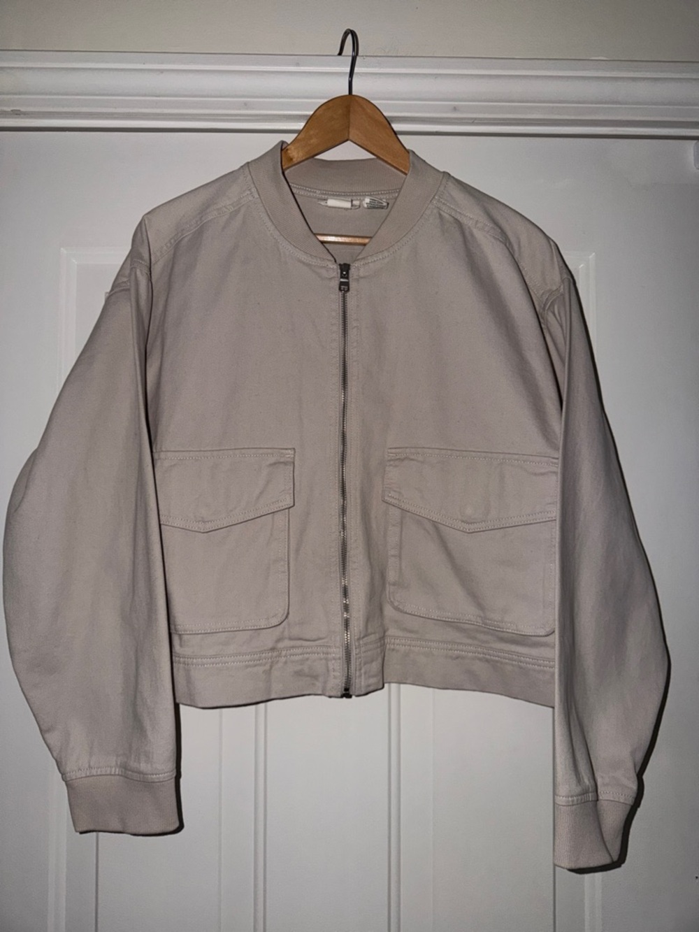 Women's Light Beige Cotton Bomber Jacket with Front Pockets.‎ XL